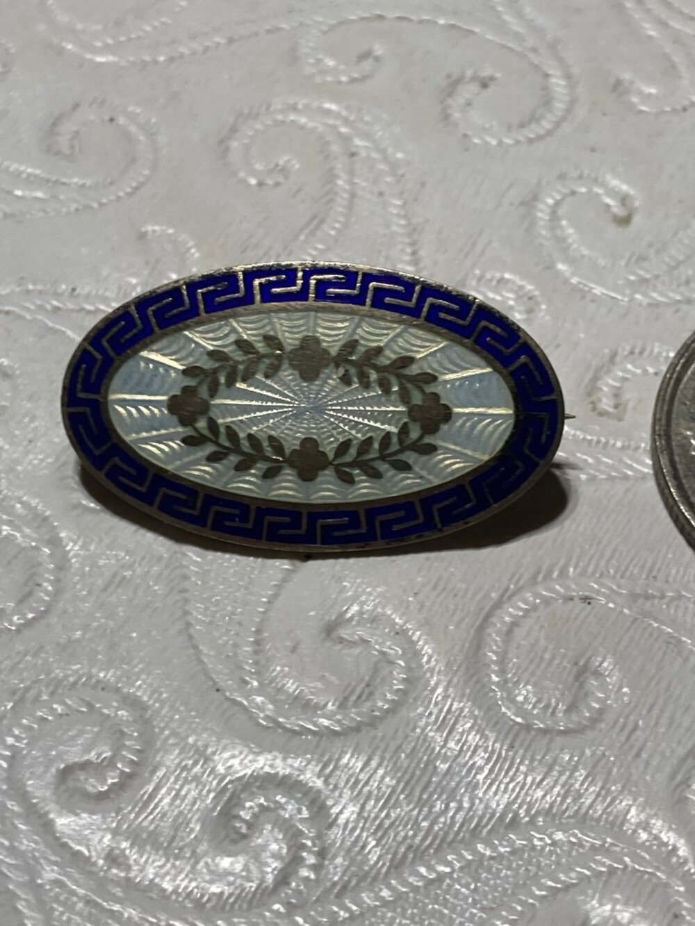 Marius Hammer 930S Oval Art Deco White Blue Guilloche Enamel Pin Brooch Wreath